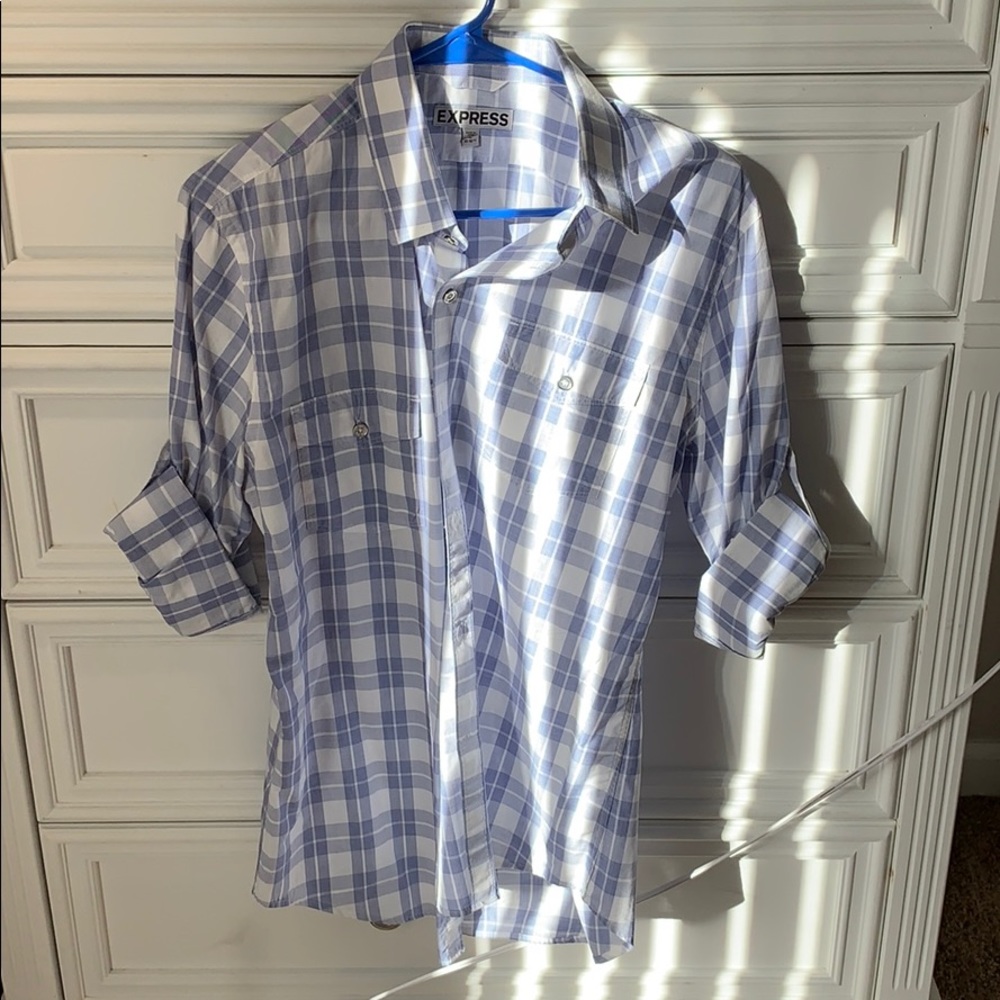 Blue and white plaid button down shirt